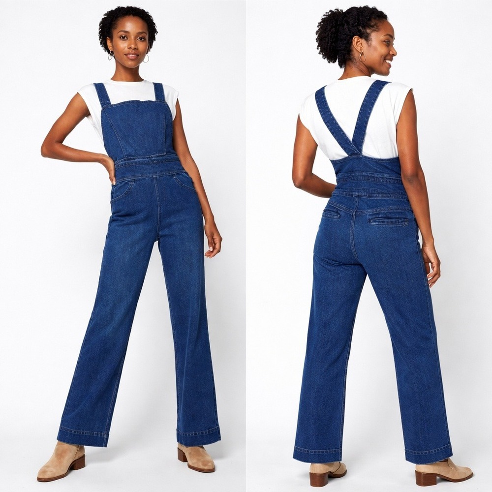 Faherty Avenue Denim Jumpsuit Overalls Small Blue Dark‎ Wash Wide Leg 90s Retro